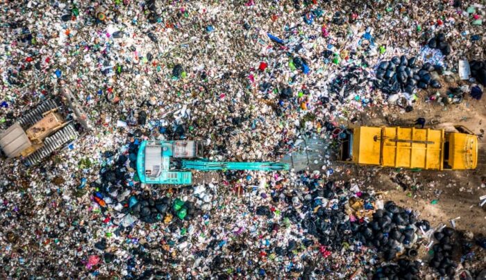 Aerial view of garbage piled in a landfill.