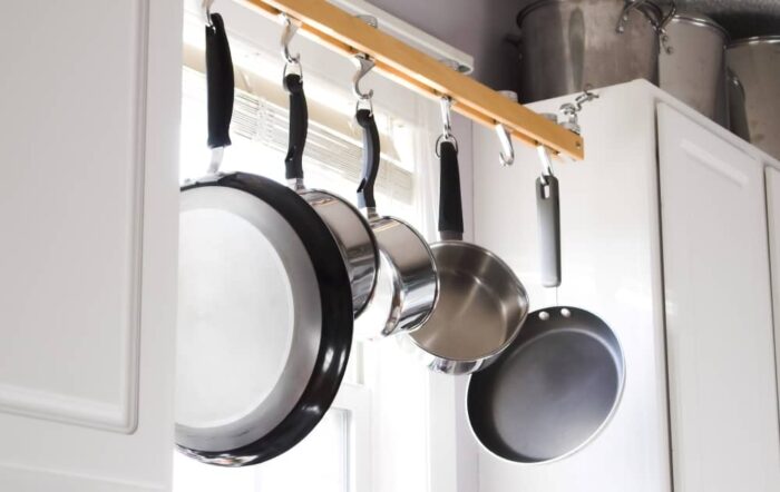 Hanging pans provide storage when there is little space.